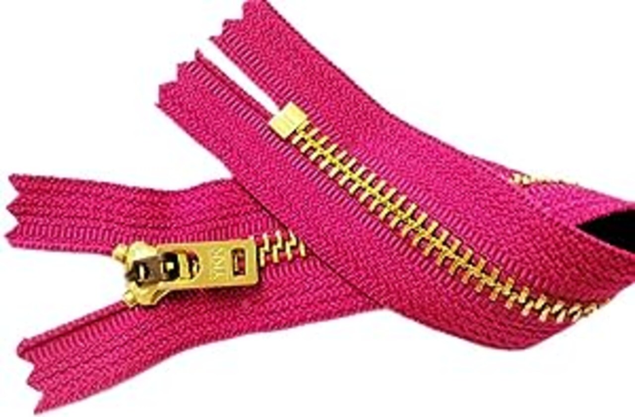 YKK Two 7 Inch Brass Jeans Zipper YKK Number 5 Gold Colored Metal Teeth Zips with Locking Slider Closed Bottom Color Pluto Pink #261